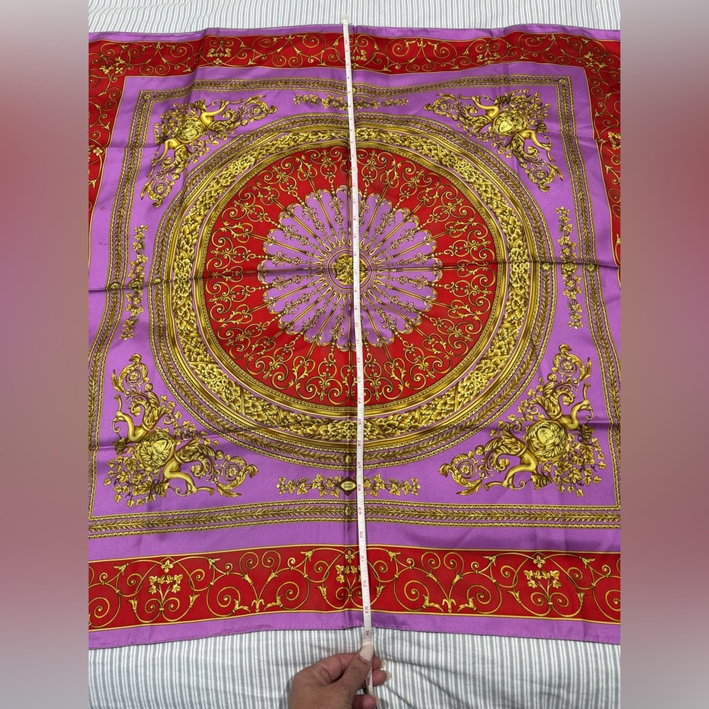Versace Purple and Red silk scarf with Gold Accents approximately 34”x35”